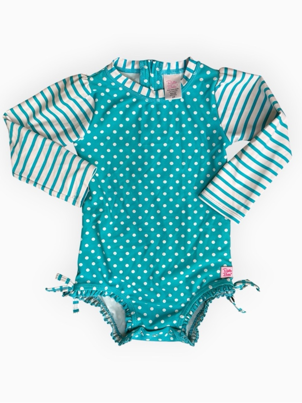 RuffleButts Aqua Polka Dot Striped Long Sleeve Rash Guard One Piece Swimsuit 2T